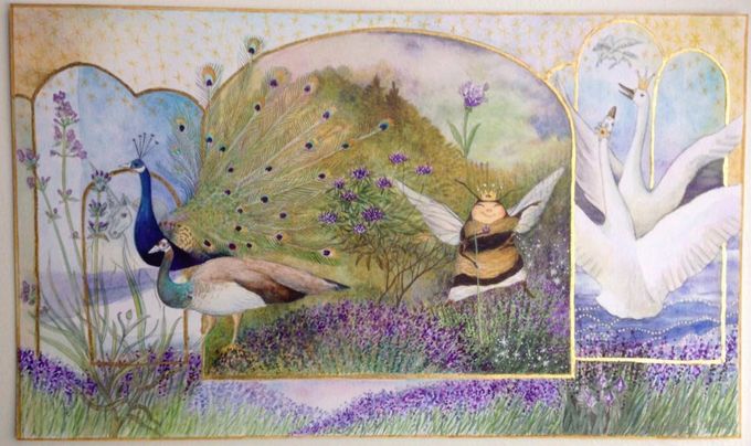 Påfugle, svaner og bi-dronning akvarel A3 str. 800kr. incl. forsendelse.


