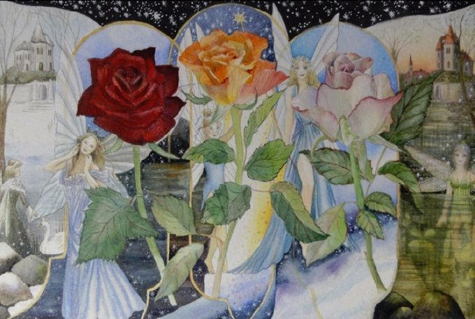 Skønne roser & feer.Akvarel A3 str. 800kr. incl.forsendelse.