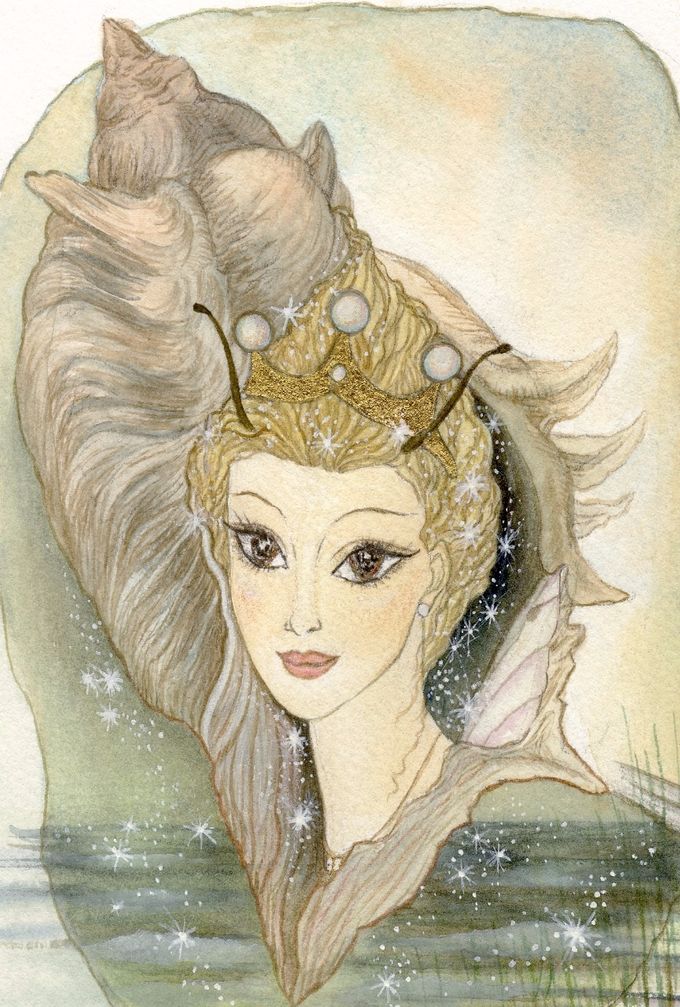 Alfedronning Titania som ung pige i en muslingeformet ramme.
malet i akvarel, str.A4,700kr. incl. forsendelse Bestilling ventetid 14 dage.