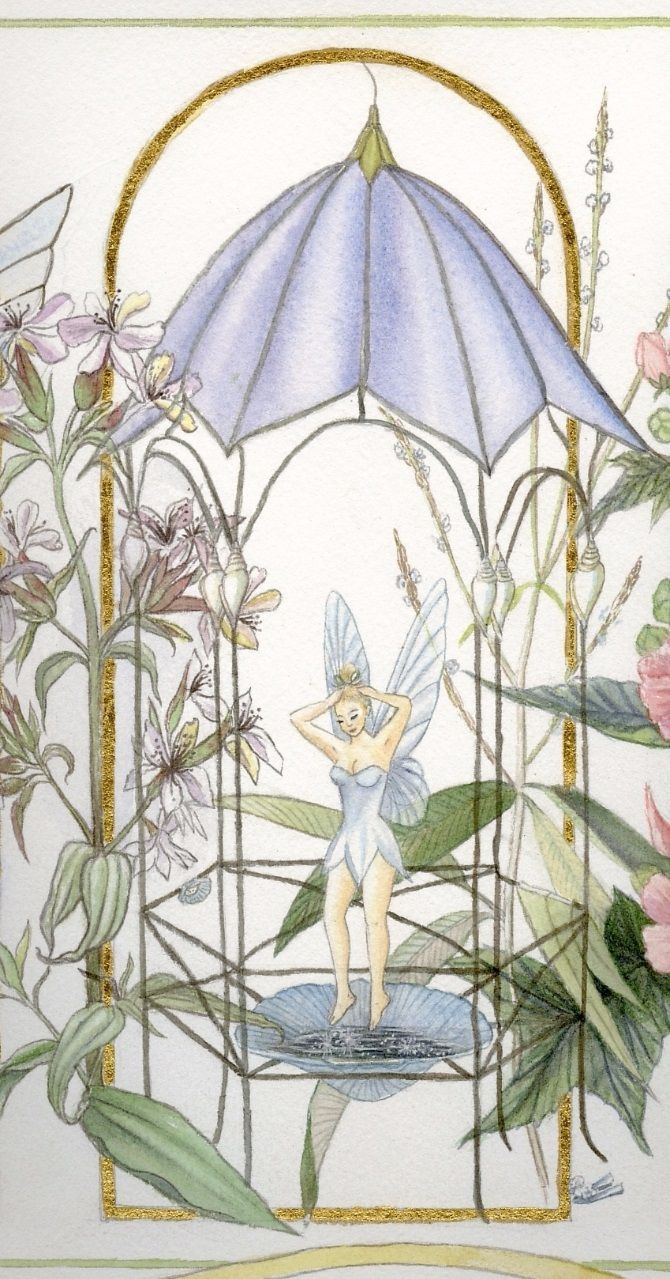 Feen Liljefred tager et morgenbad,i hendes lille blomster-pavillon.700kr. incl.forsendelse,( aftal dtørrelse)
